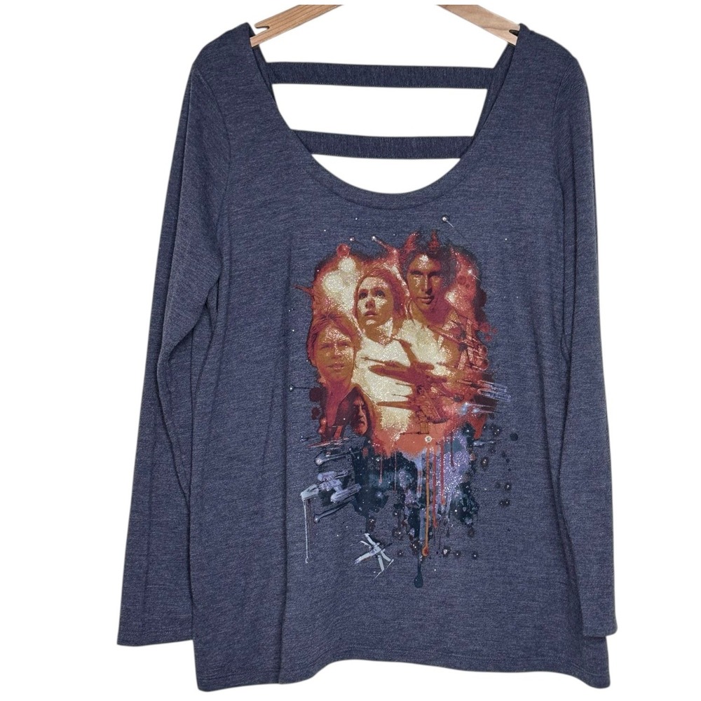 Rock & Republic Star Wars Women 0X Blue Glitter Graphic Open Bar Back Sweatshirt